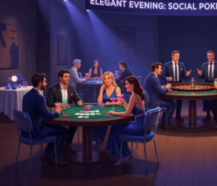 Stylowa karta inspiracji przedstawiająca nocny pokerowy lounge w fioletowo-granatowej kolorystyce