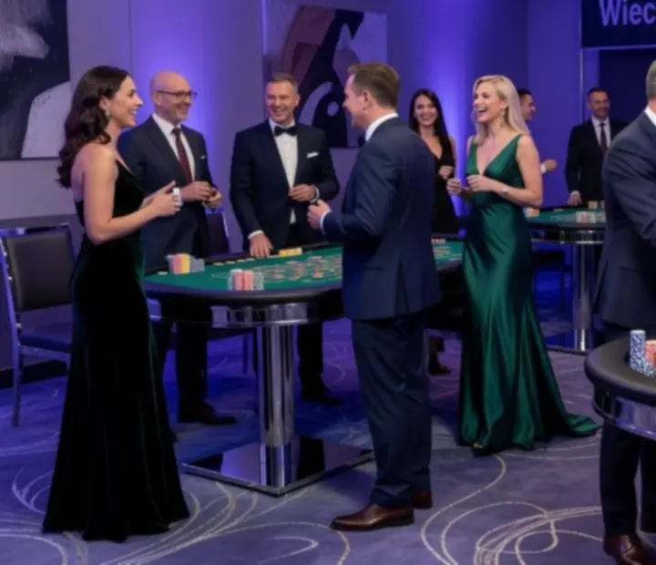 Elegancka sala przygotowana na wieczorny event firmowy TRU z oświetlonymi stołami do gier i zespołem w trakcie zabawy