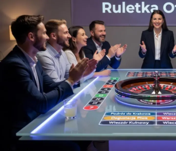 Grupa uczestników przy stole ruletki podczas integracyjnego wieczoru TRU