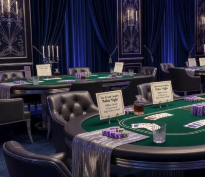 Stylizowane dekoracje i bilety wstępu na tematyczny wieczór pokerowy