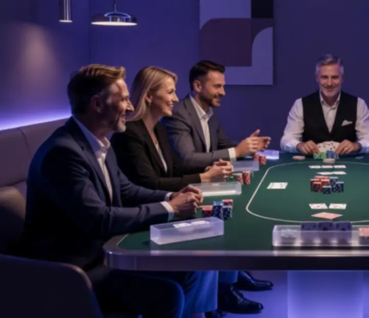 Grupowy wieczór pokerowy offline przy stylizowanym stole z kartami i żetonami